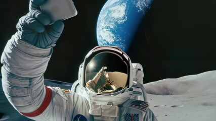 Wall Mural - astronaut in white spacesuit standing on lunar surface, earth visible in background, helmet reflecti