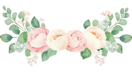 Wall Mural - Watercolor floral arrangement with pink and white roses on white background