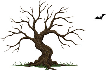 dead tree with twisted branches and flying bat vector illustration for spooky halloween design eleme