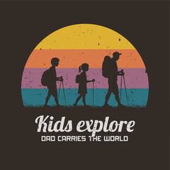 Sticker - Father and children travel. Family with trekking poles. 60s, 70s label
