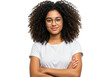 © Thecreator T - Portrait of a smiling woman with curly hair wearing glasses and a white shirt with arms crossed on transparent background