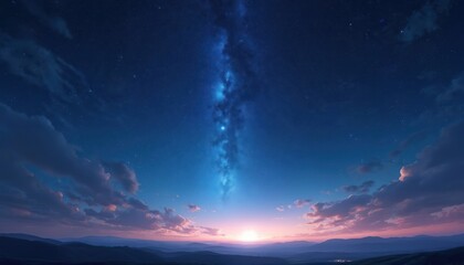 Wall Mural - Enchanting night sky with myriad stars illuminates serene landscape. Cosmic wonder, celestial beauty, dreamy horizon, deep blue gradient, peaceful scene. Nature scene, dark blue, purple, pink hues.