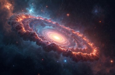 Wall Mural - Vibrant spiral galaxy swirling nebulae clouds with fiery orange, deep blue hues. Endless space backdrop features countless stars, star systems, cosmic phenomena. Gravitational pull, black hole,