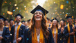 © Viktor - Joyful graduate laughs amidst falling confetti, celebrating academic success outdoors. University students in caps, gowns share happiness at graduation ceremony. Proud moment of achievement, new