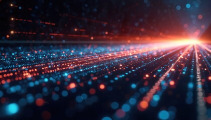 Abstract digital data stream with glowing blue and red particles on dark background. Fast motion lines evoke futuristic technology and rapid information transfer. Infinite cyberspace network flow.