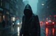 © Viktor - Anonymous figure in hooded black leather jacket walks alone on rainy city street at night. Mysterious, dark, dangerous atmosphere. Faceless man shrouded in fog creates unease and intrigue.