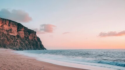 Wall Mural - A scenic view of a sandy beach with a cliff in the background, great for travel and nature images
