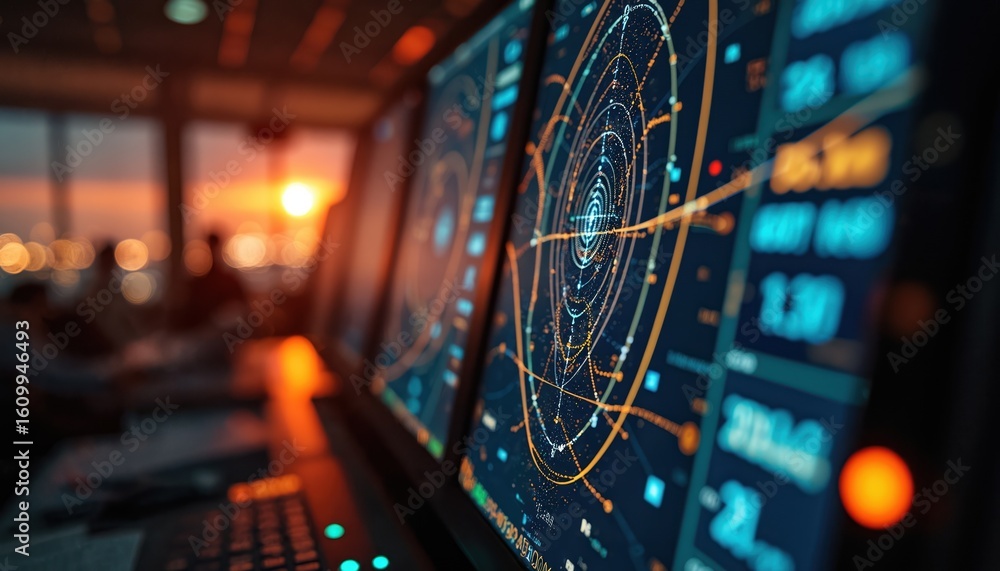 Air traffic control tower radar screens display glowing flight paths ...