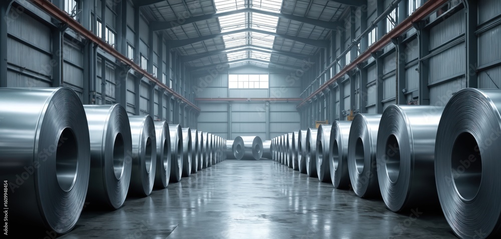 Large metal coils neatly arranged in spacious industrial warehouse ...