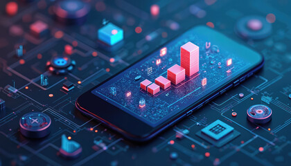 Isometric smartphone display shows business graphs, software development processes. Abstract futuristic design with blue, black, red, orange colors. Technology, digital, business, network,