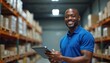 © Viktor - Smiling, handsome dark-skinned warehouse worker in blue polo shirt holds tablet computer. Standing in goods storage area looking at camera with confidence, professionalism. Represents diversity,