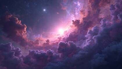 Wall Mural - Vibrant purple, pink cosmic clouds swirl across starry night sky. Bright light source illuminates nebula with ethereal glow. Digital artwork fantasy galaxy with dreamy, magical atmosphere for