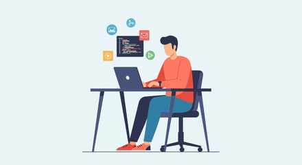A person sits at a desk, working on a laptop, surrounded by programming icons.