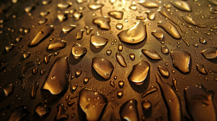 Wall Mural - Moody rain droplets create textured pattern on surface, reflecting warm light and adding depth to scene. interplay of light and water evokes sense of calm and introspection