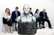 © New Africa - Robot with bag against group of people waiting for job interview, selective focus. Artificial intelligence in recruitment