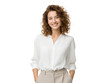© Rifqi - Smiling woman with curly hair wearing a white shirt and beige pants on a transparent background, concept for business portrait, corporate communication and online presence
