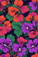 Wall Mural - Geraniums on purple background cartoonish seamless pattern
