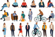 © Authentic - Diverse group of people in casual clothing engaged in various activities like sitting standing and cycling presented in a flat design style