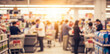 © birulaut - People at checkout counters in a busy supermarket blurred background.Premium supermarket atmosphere photos for poster, banner and pamphlet backgrounds