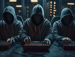 © VinakMotion - Hacker leak concept illustration - Hacker leak reveals three anonymous figures typing illuminating a citys dark secrets. Suitable for cybersecurity and technology concepts.
