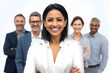 © Misbah - A smiling woman in front of a diverse group of business professionals on a white background studio shot .