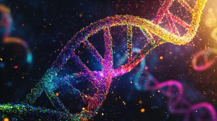 Wall Mural - An abstract artistic visualization of genes as colorful threads woven into the fabric of a double helix floating in space