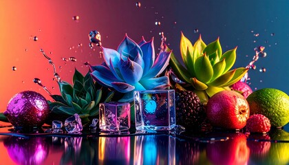 Wall Mural - A contemporary still life with neon-lit succulents, metallic fruit, and transparent c 
