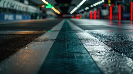 Wall Mural - a detailed shot capturing an empty f1 pit lane exit at night, with reflections on the wet surface, h