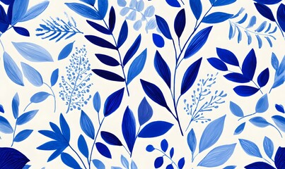 Wall Mural - A blue ink illustration of leaves and foliage