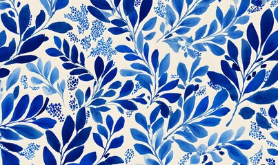 Wall Mural - A blue ink illustration of leaves and foliage