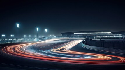 Wall Mural - nighttime racing scene with light trails on curved track at modern sports stadium