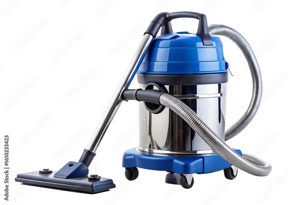 A blue and silver vacuum cleaner stands ready for housekeeping duties ...