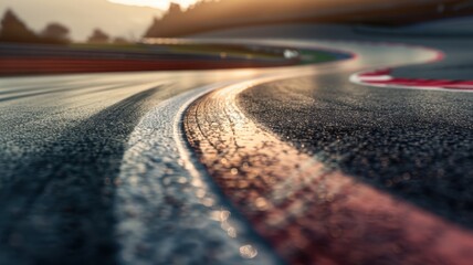 Wall Mural - a sweeping view of an empty f1 track showcases beautiful curves at sunset, highlighting the reflecti