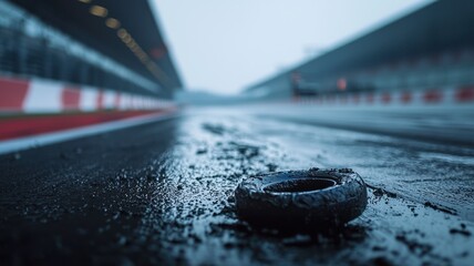 Wall Mural - an empty f1 track showcasing a close-up view of a weathered tire on wet asphalt, capturing the atmos
