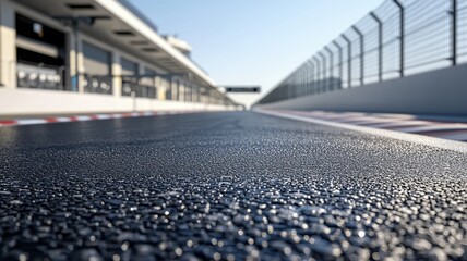 Wall Mural - an empty f1 track captures reflections on its glossy surface, showcasing a clear sky and inviting pe
