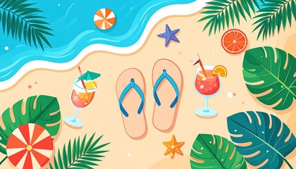 Naklejka na meble Vibrant Tropical Beach Getaway Scene with Refreshing Drinks and Palm Fronds