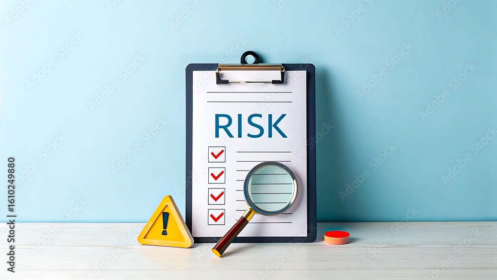 Risk assessment checklist on clipboard with magnifying glass and ...