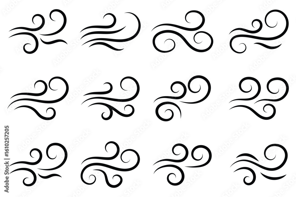 A dynamic icon of thin swirling lines denoting fast air flow. Stylized ...