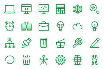 A collection of clean modern line art symbols representing programming coding and digital technology concepts for various applications