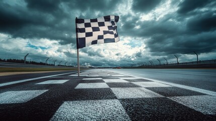 Wall Mural - dramatic checkered flag at race track under dark clouds with racing surface and fencing in backgroun
