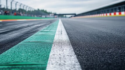 Wall Mural - this close-up shot captures an empty f1 track, focusing on the pit area with a green strip on the as