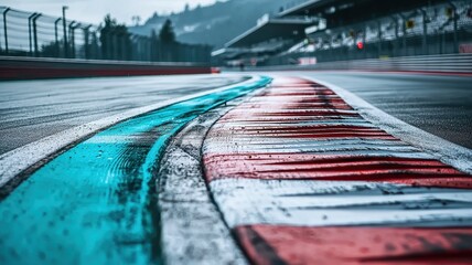 Wall Mural - close-up shot of an empty f1 track showcasing vibrant colors and a wet surface, emphasizing the slee
