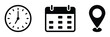 © Oliver Vandenberg - Time, date and address or location icons. Time, date and address vector collection. Calendar, clock and map pin symbol for event, meeting, wedding, schedule, invitation card design element on isolated