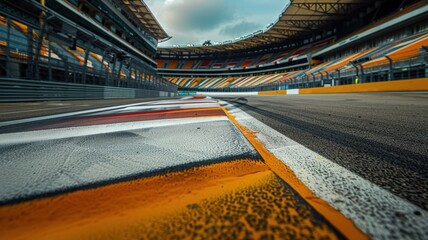 Wall Mural - an empty circuit corner showing the main straight leading to a vibrant stadium, capturing the essenc
