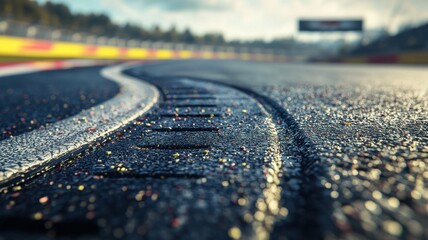 Wall Mural - a captivating close-up of an empty f1 track section, highlighting the wet asphalt and tire tracks. t