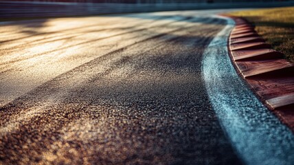 Wall Mural - an empty formula 1 track captured during dusk, showcasing a serene curve with reflective asphalt bat