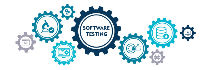 Banner of software testing web vector illustration concept with icons of analysis, development, application, code, approach, usability, bugs