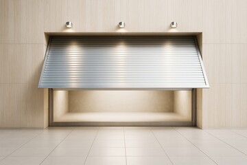 Wall Mural - modern interior space with metallic shutter door partially open in clean light room with tile floori