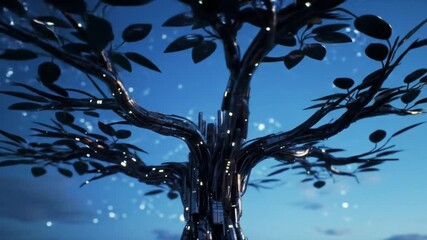 The Tree of Knowledge as a futuristic technological network, its metallic branches glowing with data nodes against a twilight sky, representing growth