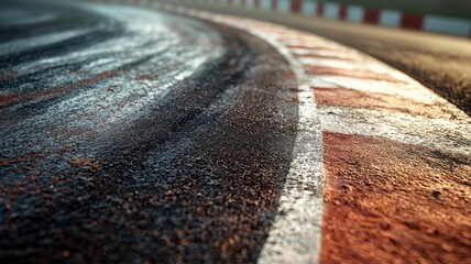 Wall Mural - close-up shot of an empty f1 track curving into the distance, showcasing vibrant colors and unique t